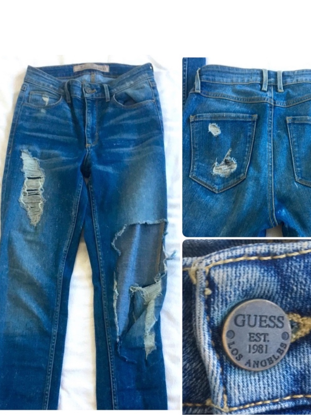 GUESS High Rise Distressed Skinny Jeans Blue Stretch Denim Ripped Ripped Size 25